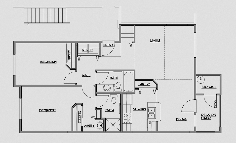 Floor plan for 2 beds, 2 baths, 1058 sqft