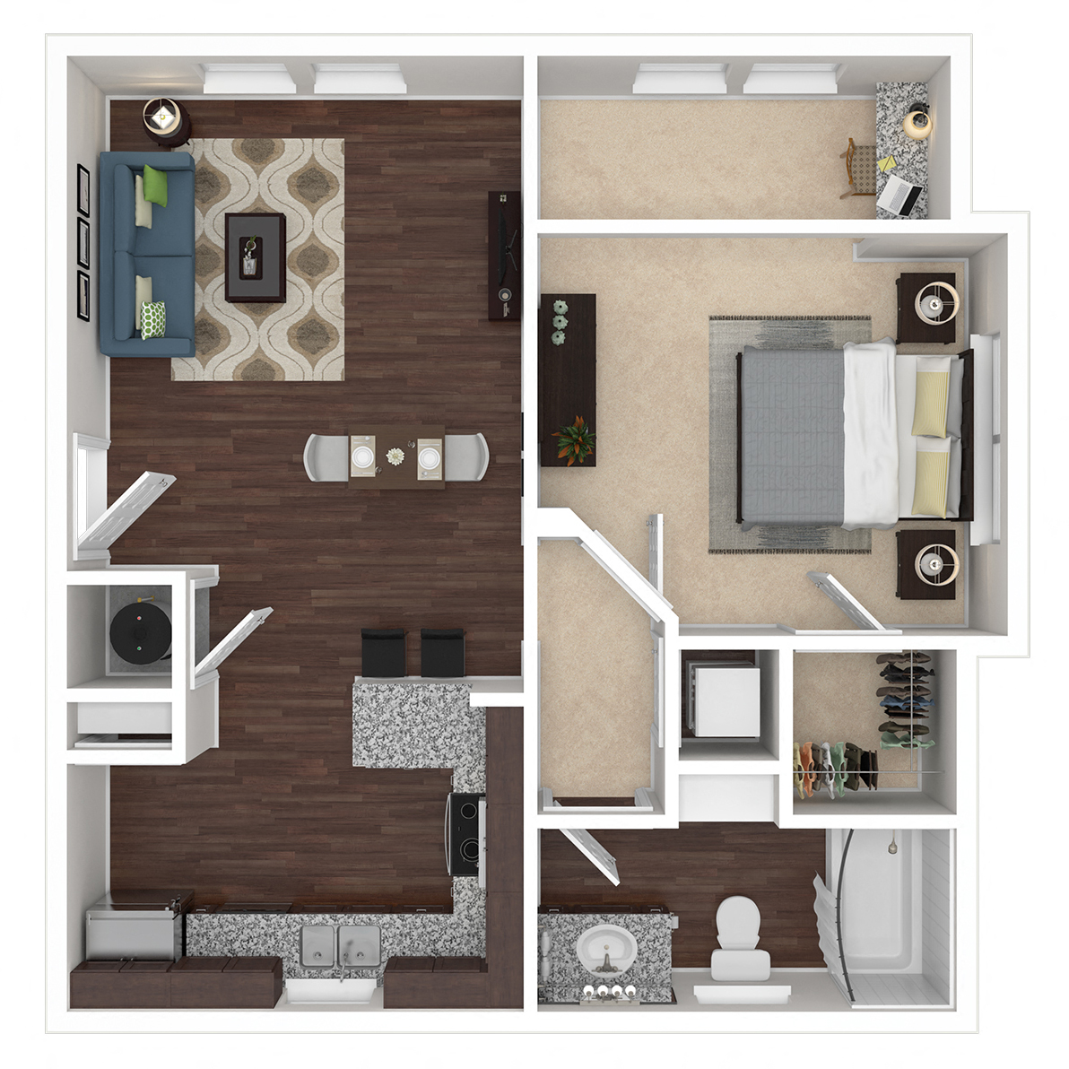 Floor plan for 1 bed, 1 bath, 738 sqft
