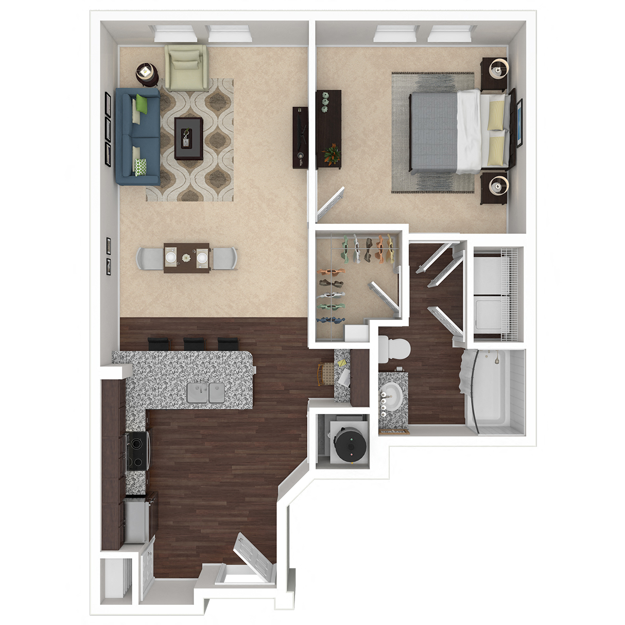 Floor plan for 1 bed, 1 bath, 764 sqft