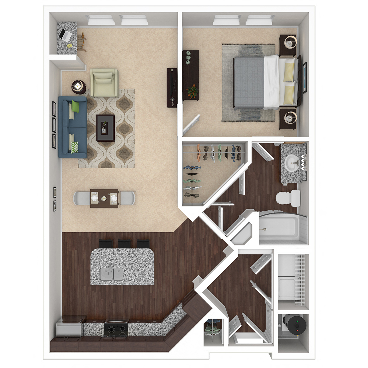 Floor plan for 1 bed, 1 bath, 857 sqft