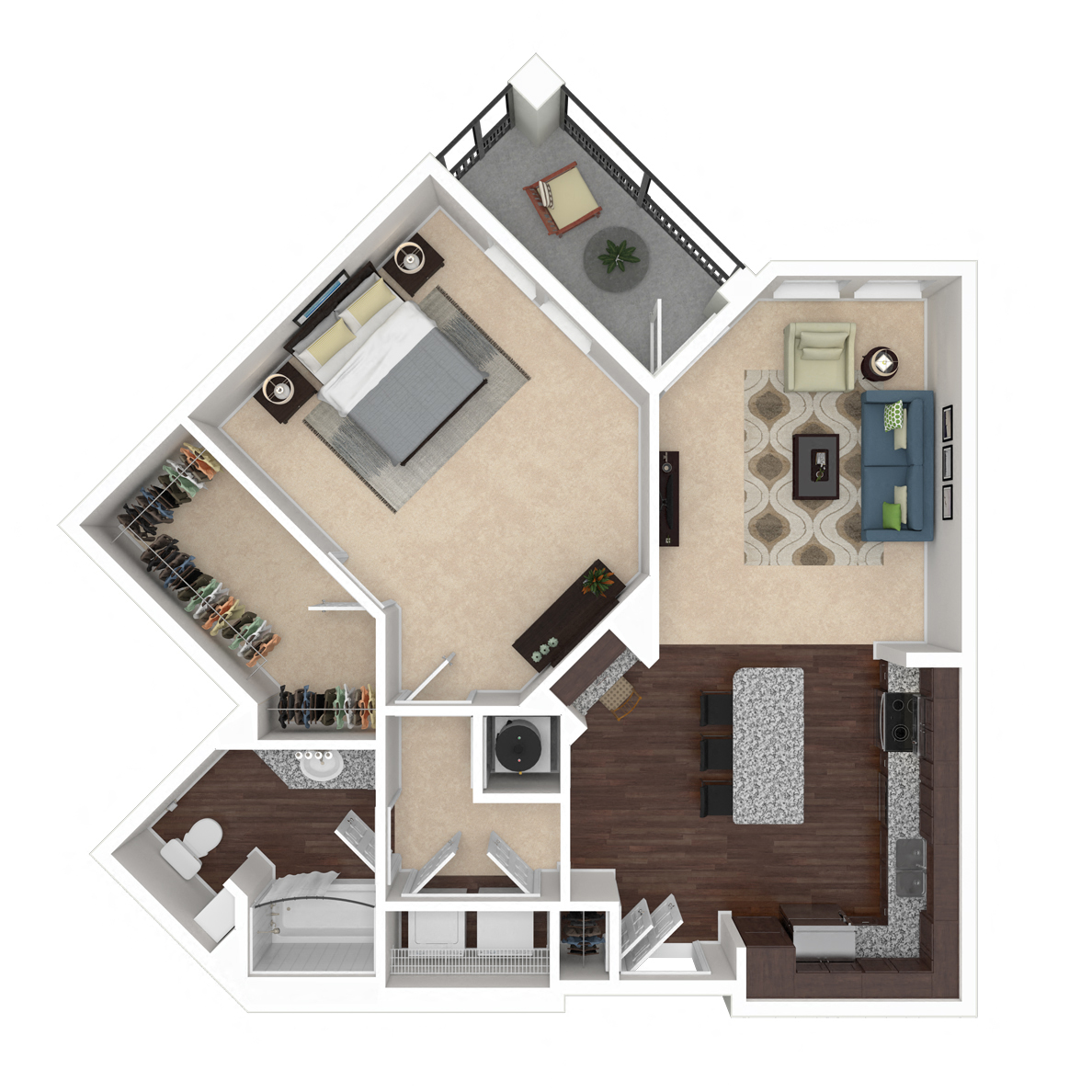 Floor plan for 1 bed, 1 bath, 882 sqft