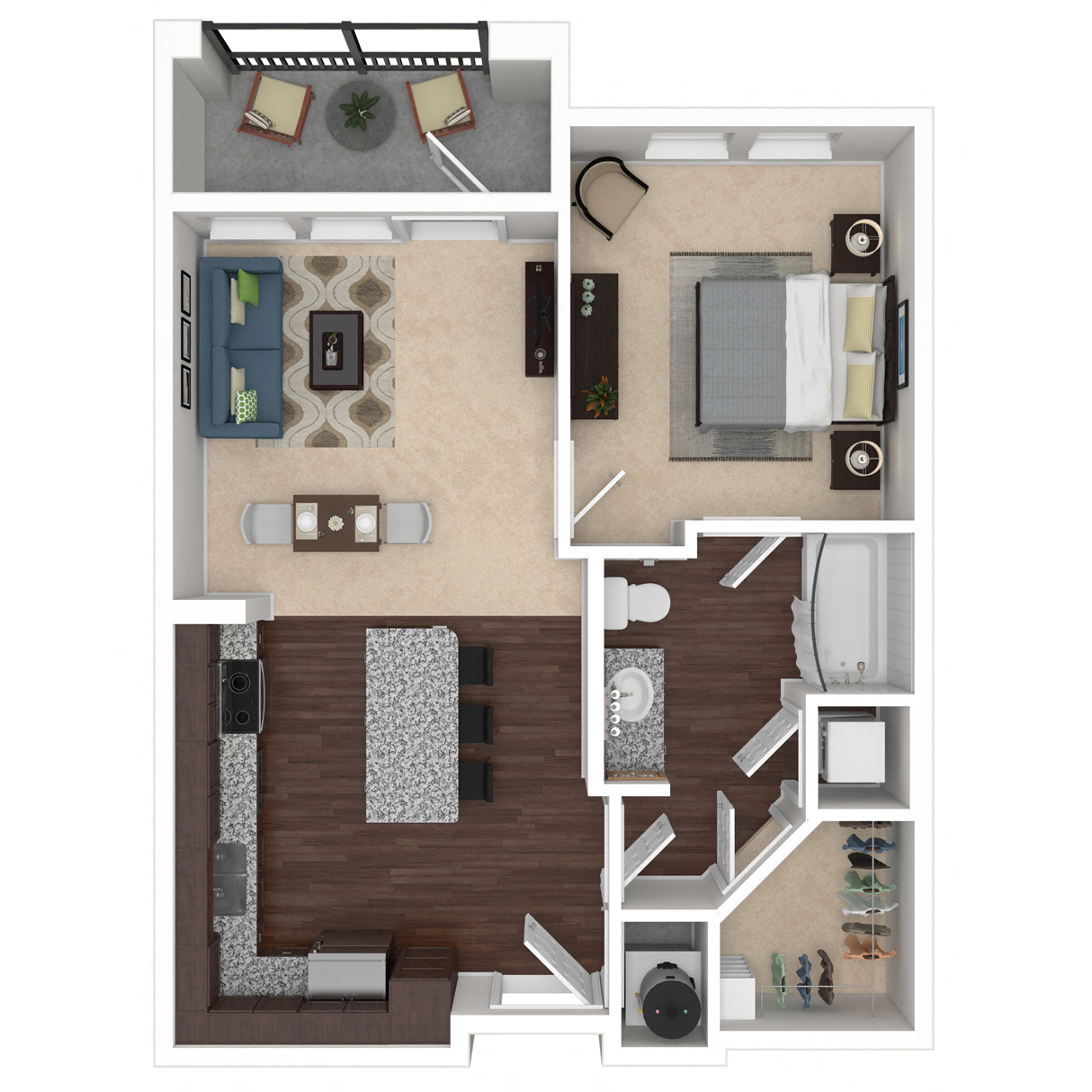 Floor plan for 1 bed, 1 bath, 638 sqft