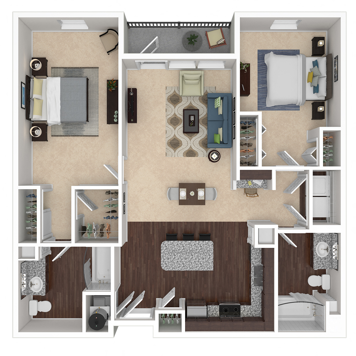 Floor plan for 2 beds, 2 baths, 1195 sqft