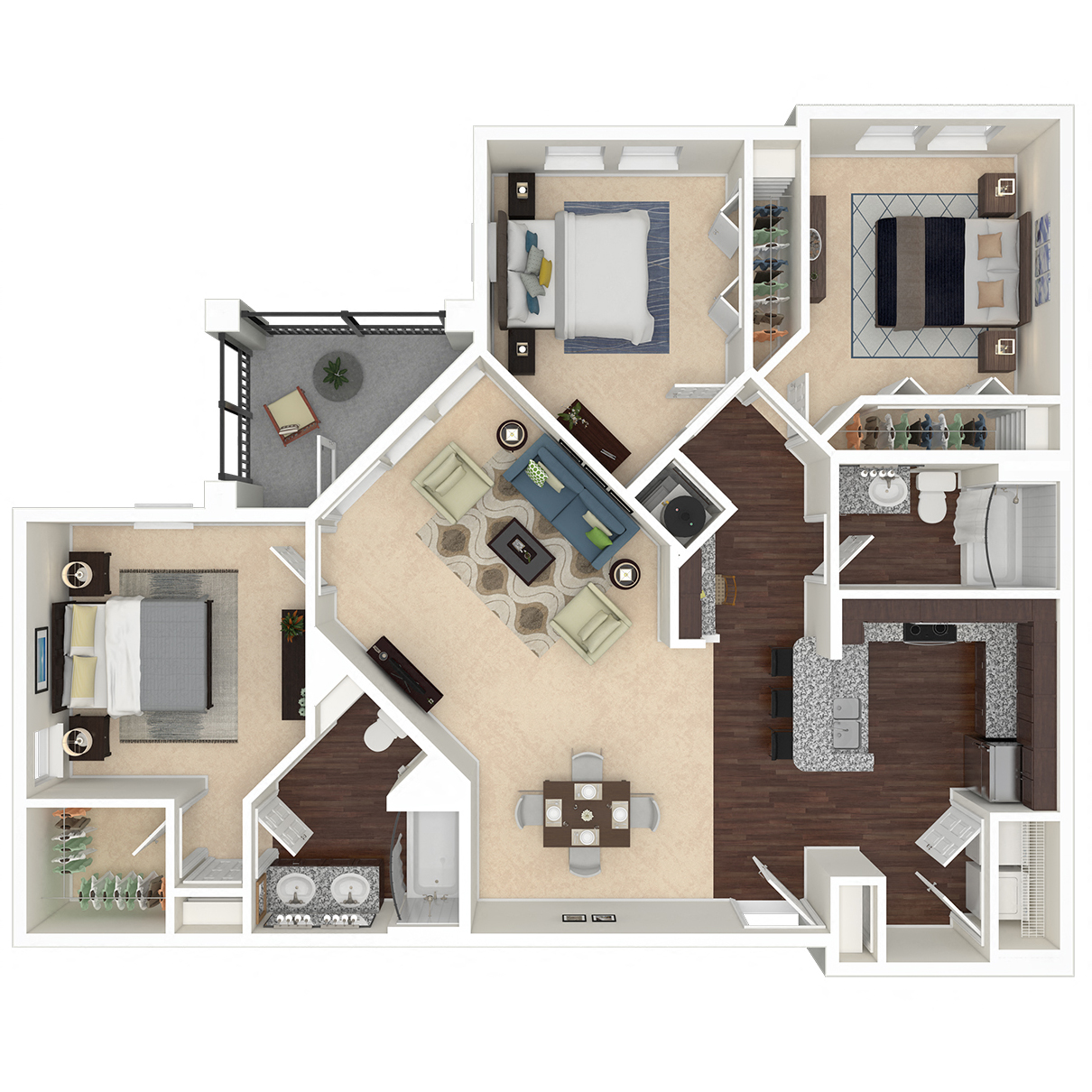 Floor plan for 3 beds, 2 baths, 1303 sqft