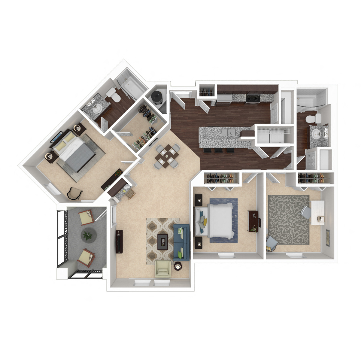 Floor plan for 3 beds, 2 baths, 1289 sqft