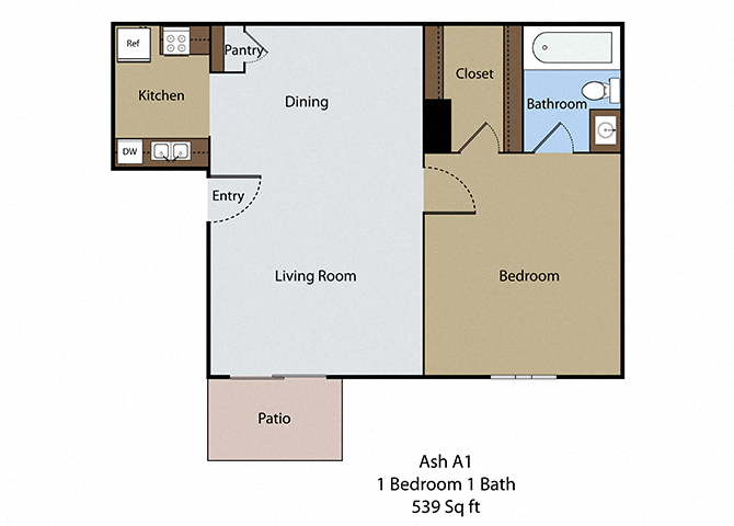 Floor plan for 1 bed, 1 bath, 539 sqft