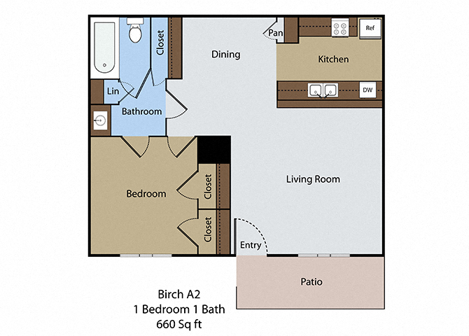 Floor plan for 1 bed, 1 bath, 660 sqft