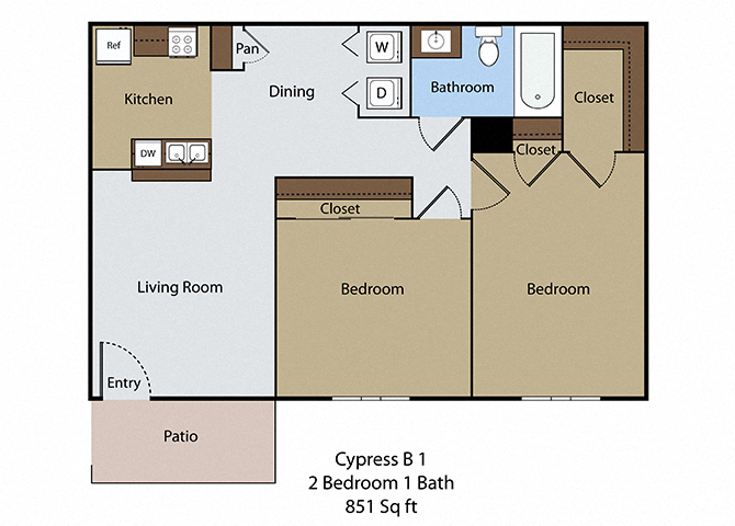 Floor plan for 2 beds, 1 bath, 851 sqft