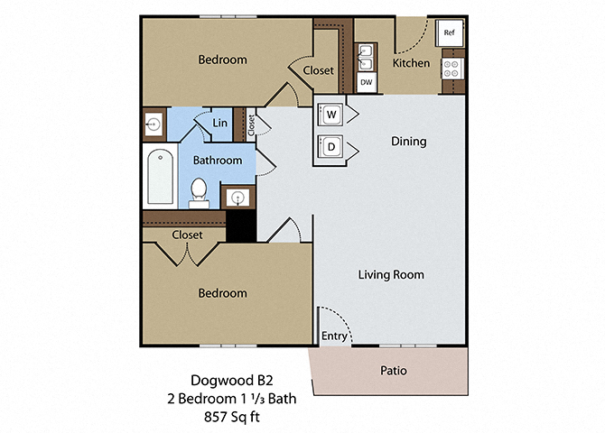 Floor plan for 2 beds, 1 bath, 857 sqft