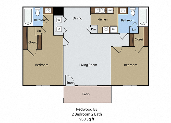 Floor plan for 2 beds, 2 baths, 950 sqft