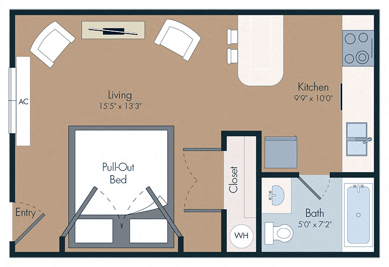Floor plan for studio, 1 bath, 400 sqft