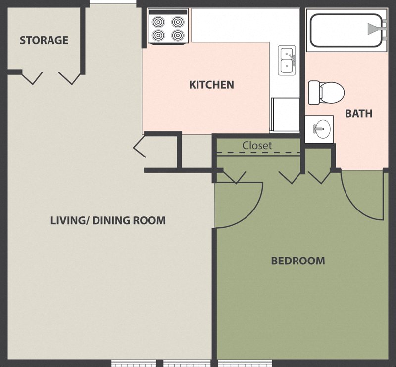 Floor plan for 1 bed, 1 bath