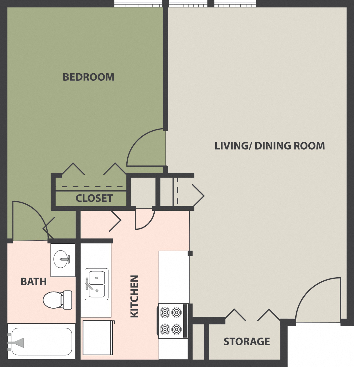 Floor plan for 1 bed, 1 bath