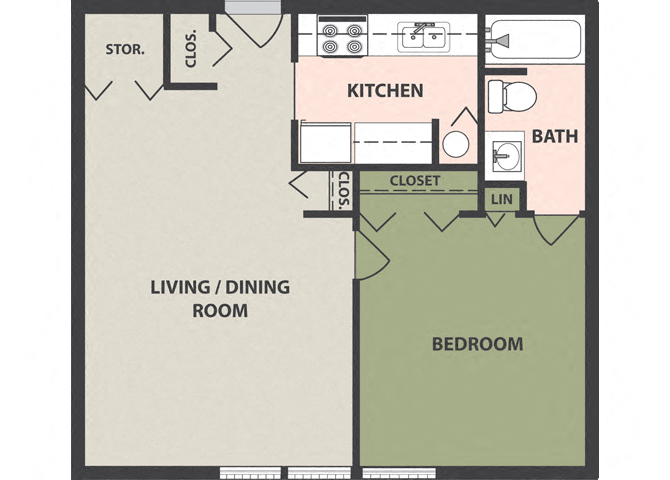 Floor plan for 1 bed, 1 bath