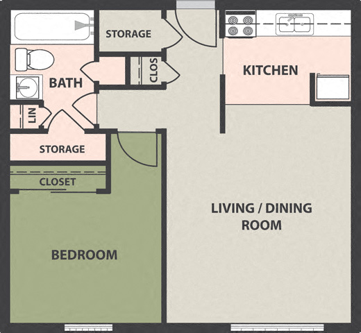Floor plan for 1 bed, 1 bath, 540 sqft