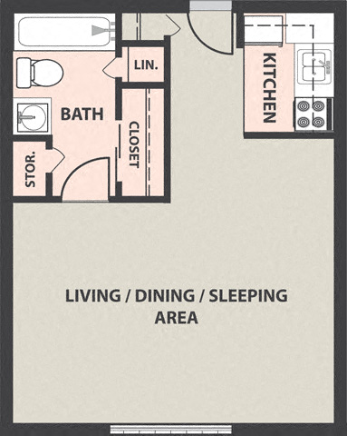 Floor plan for studio, 1 bath, 411 sqft