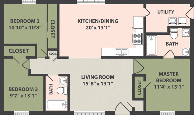 Floor plan for 3 beds, 2 baths, 1258 sqft