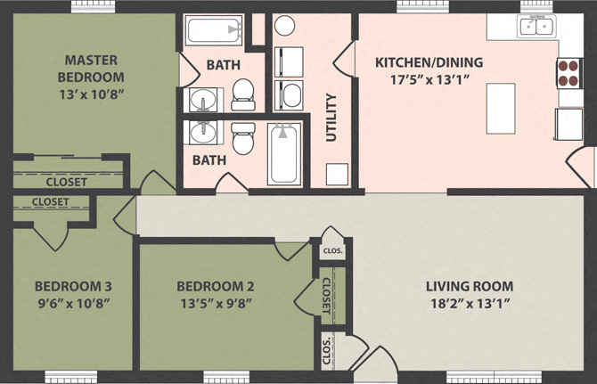 Floor plan for 3 beds, 2 baths