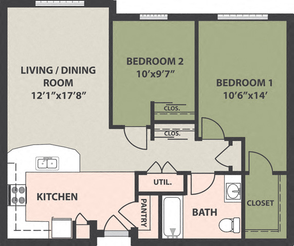 Floor plan for 2 beds, 1 bath