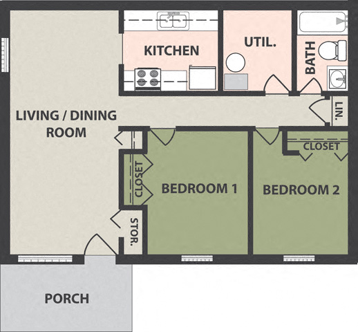 Floor plan for 2 beds, 1 bath