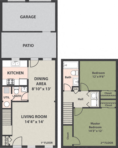 Floor plan for 2 beds, 1.5 baths, 1050 sqft