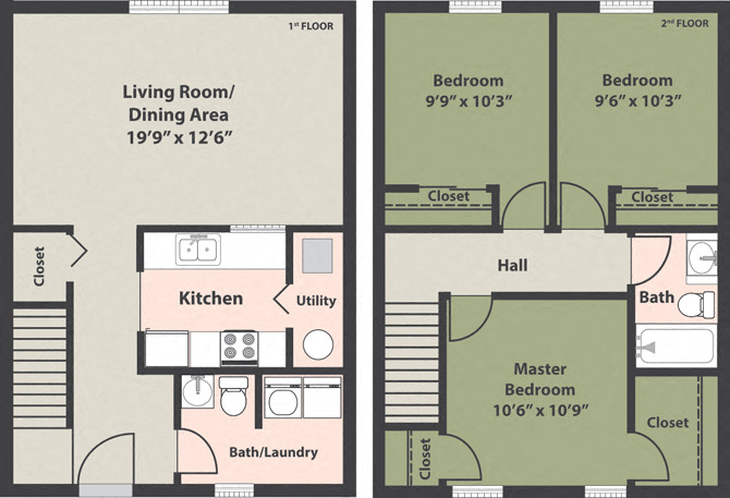 Floor plan for 3 beds, 1.5 baths, 1100 sqft
