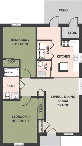 Floor plan for 2 beds, 1 bath