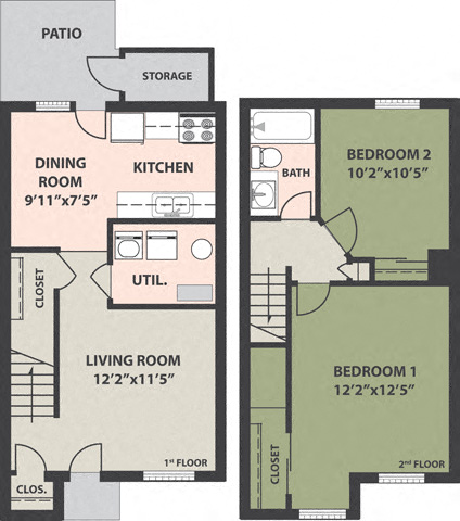 Floor plan for 2 beds, 1 bath, 835 sqft