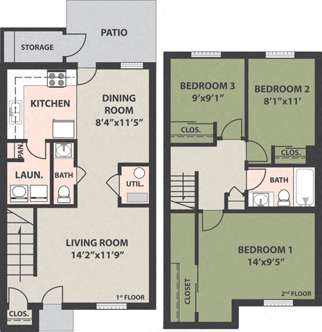 Floor plan for 3 beds, 1.5 baths, 996 sqft