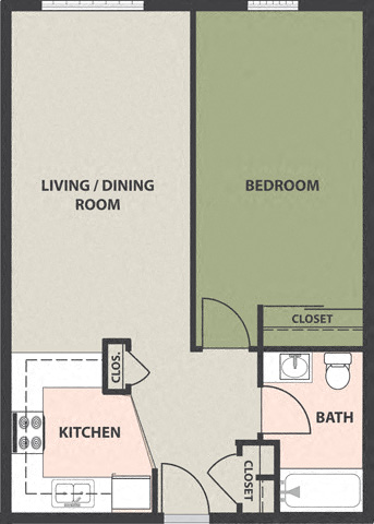 Floor plan for 1 bed, 1 bath