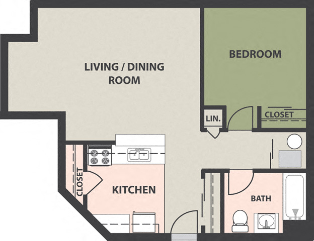 Floor plan for 1 bed, 1 bath, 855 sqft