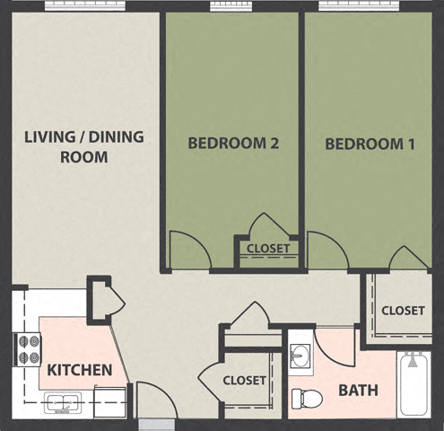 Floor plan for 2 beds, 1 bath