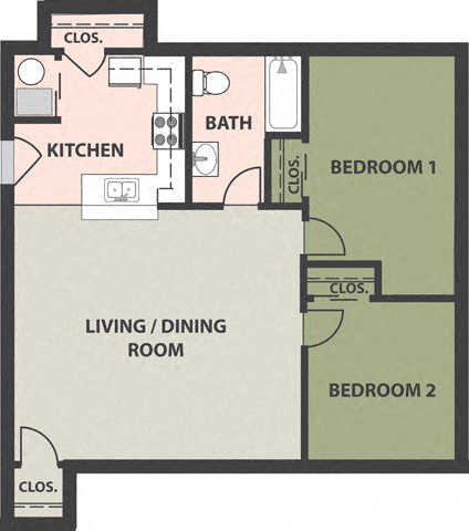 Floor plan for 2 beds, 1 bath