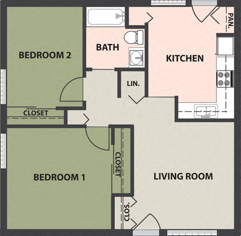 Floor plan for 2 beds, 1 bath