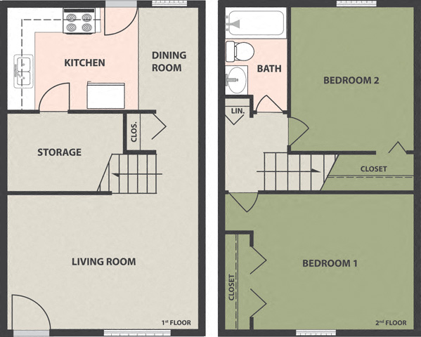 Floor plan for 2 beds, 1 bath, 900 sqft
