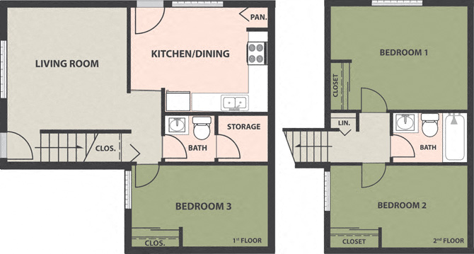 Floor plan for 3 beds, 1.5 baths, 1368 sqft