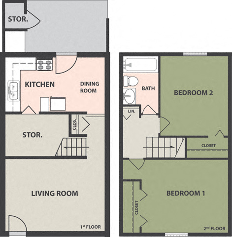 Floor plan for 2 beds, 1 bath
