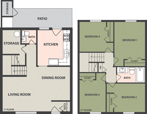 Floor plan for 4 beds, 2 baths