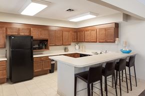 Holland apartment for rent - a kitchen with a large island with bar stools and a black refrigerator