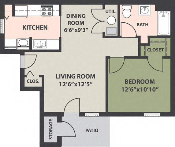 Floor plan for 1 bed, 1 bath, 719 sqft