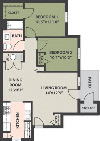 Floor plan for 2 beds, 1 bath, 992 sqft