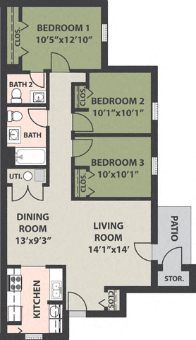Floor plan for 3 beds, 1.5 baths, 1165 sqft
