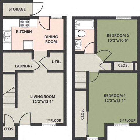 Floor plan for 2 beds, 1 bath