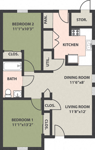 Floor plan for 2 beds, 1 bath, 800 sqft