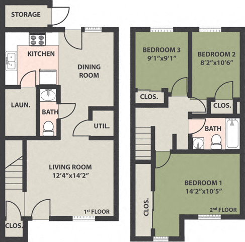 Floor plan for 3 beds, 2 baths