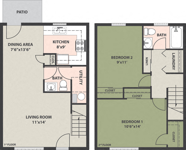 Floor plan for 2 beds, 1.5 baths