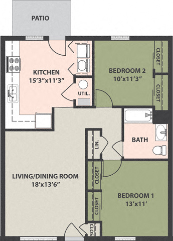 Floor plan for 2 beds, 1 bath