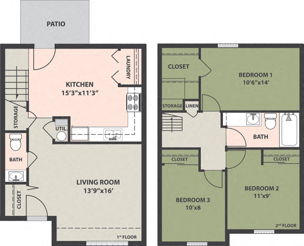 Floor plan for 3 beds, 1.5 baths, 1131 sqft