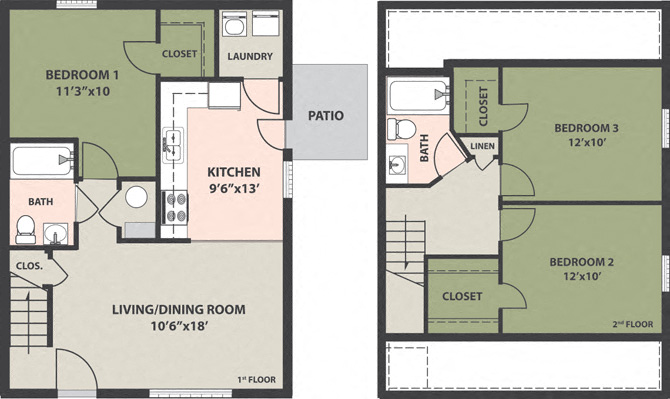 Floor plan for 3 beds, 2 baths