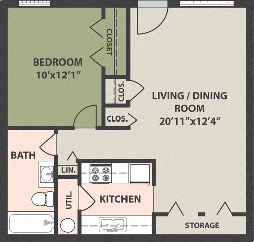 Floor plan for 1 bed, 1 bath